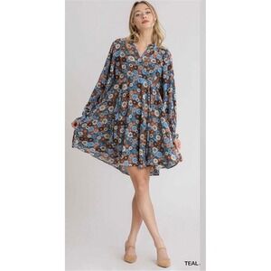 Umgee Teal Floral Metallic Split Neck Balloon Sleeve Babydoll Mini Dress L